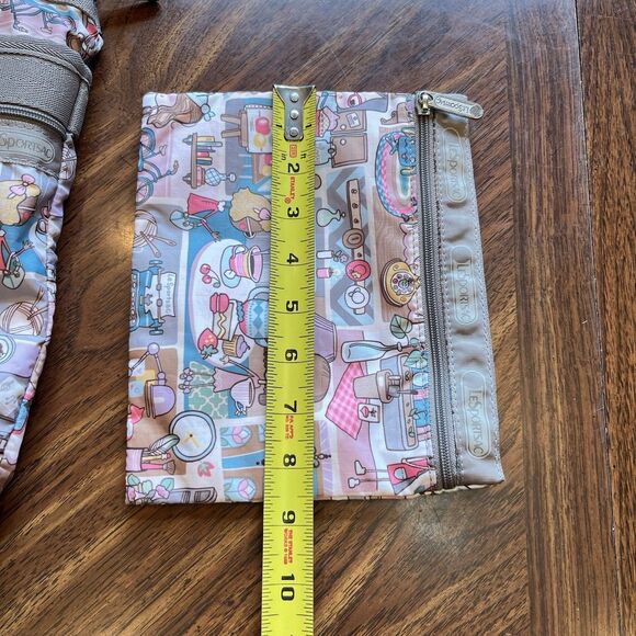 Lesportsac Home Travel Tote Pouch Taupe Pink Gray Hobby Tea Art Piano - Picture 5 of 14